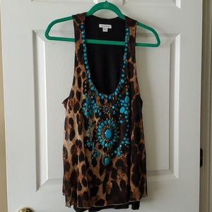 Animal print tank top with turquoise beading